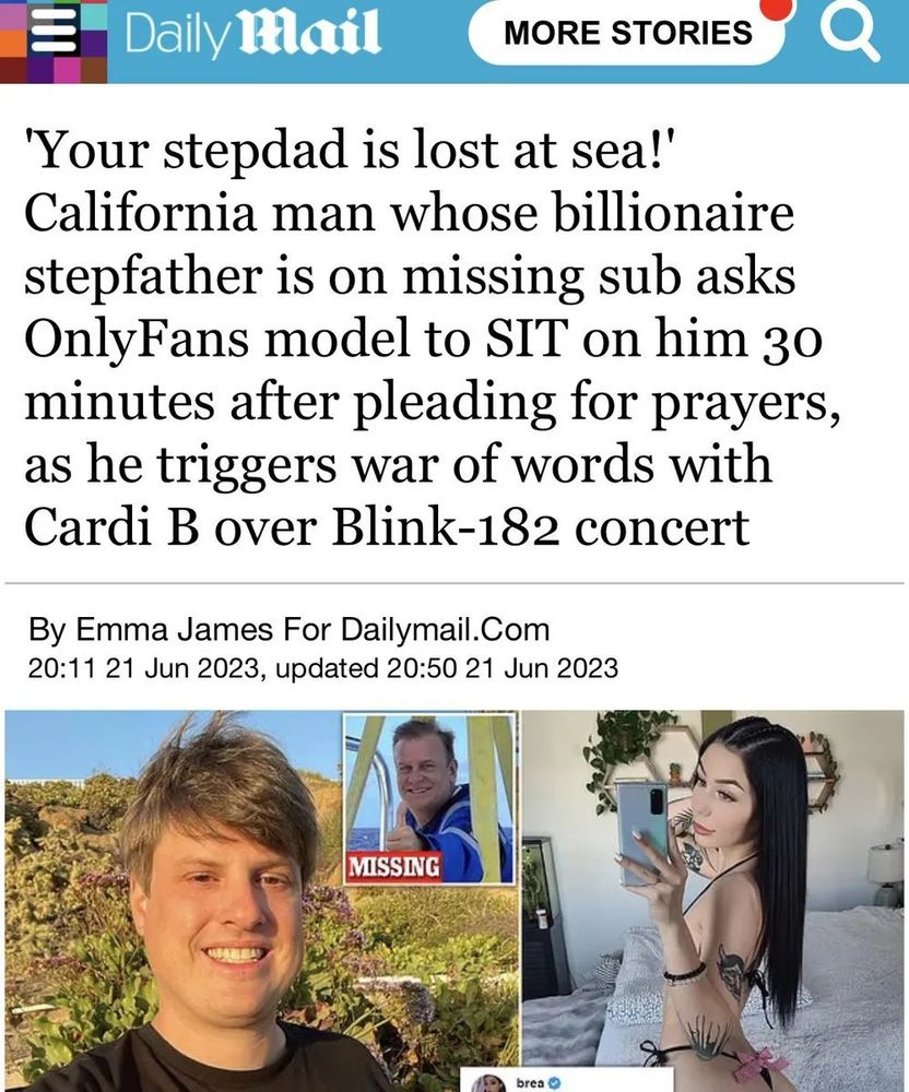 
'Your stepdad is lost at sea!' California man whose billionaire stepfather is on missing sub asks OnlyFans model to SIT on him 30 minutes after pleading for prayers, as he triggers war of words with Cardi B over Blink-182 concert
