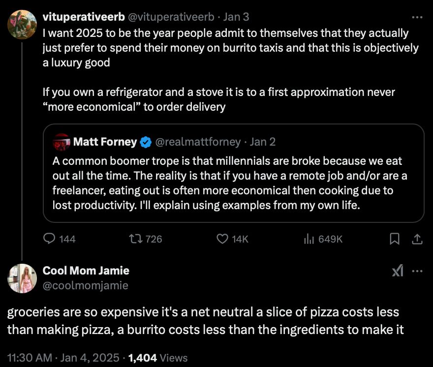 groceries are so expensive it's a net neutral a slice of pizza costs less than making pizza, a burrito costs less than the ingredients to make it