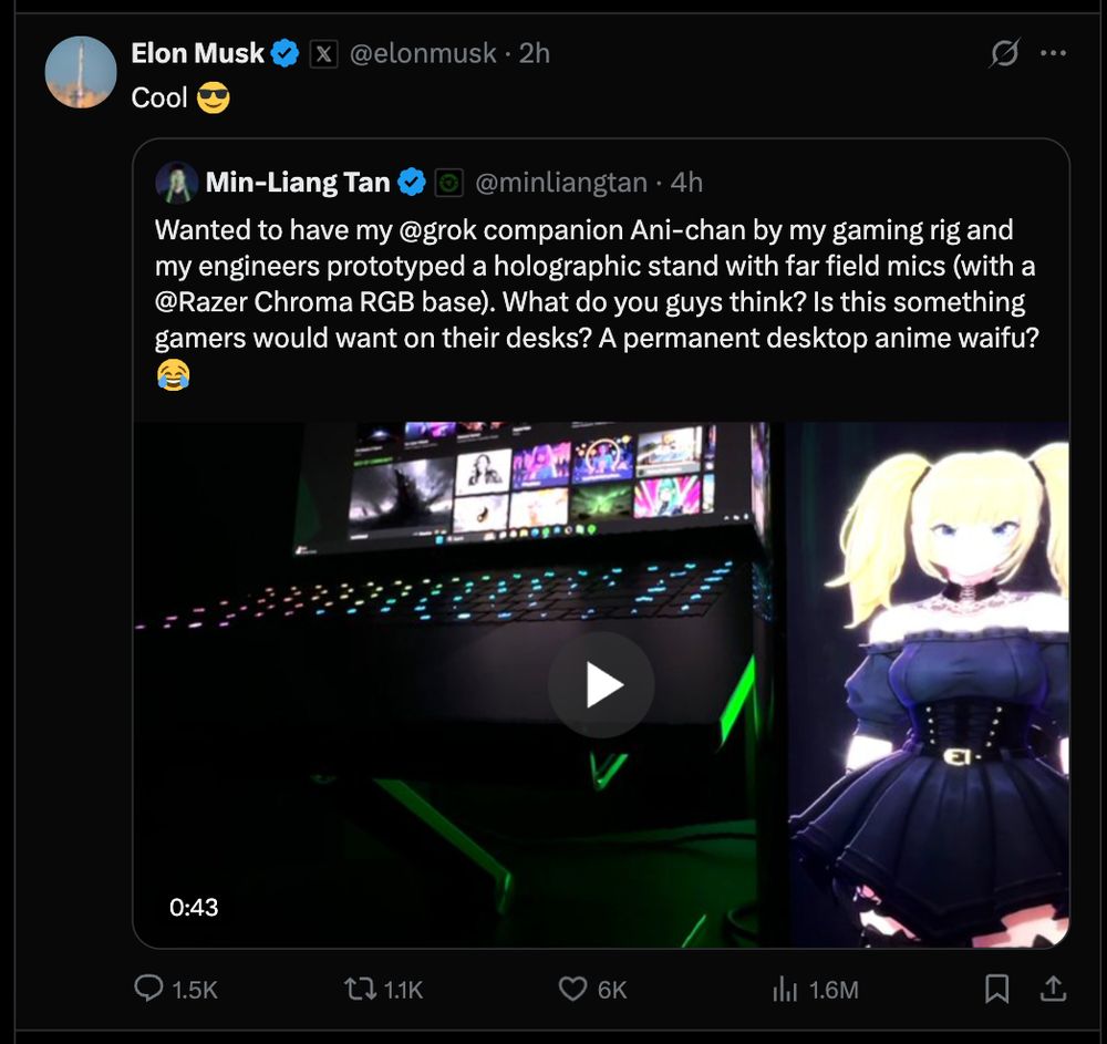 
Wanted to have my @grok companion Ani-chan by my gaming rig and my engineers prototyped a holographic stand with far field mics (with a @Razer Chroma RGB base). What do you guys think? Is this something gamers would want on their desks? A permanent desktop anime waifu?  