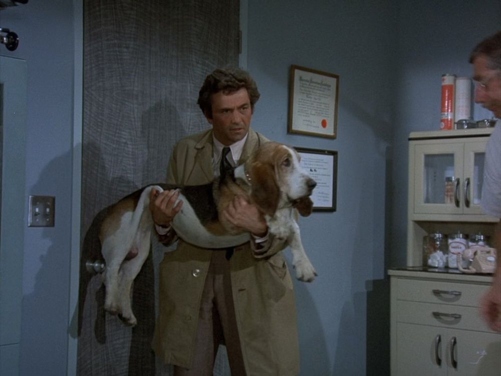 a photo of columbo holding a dog in his arms