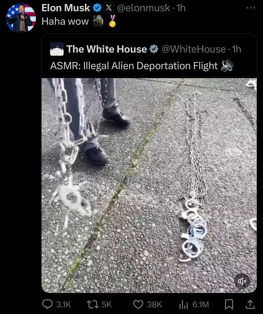 Elon going "haha wow" to the White House posting an ASMR of a deportation flight