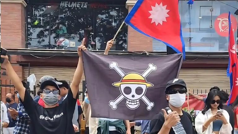 the jolly roger flag in nepal, during the Gen Z protests