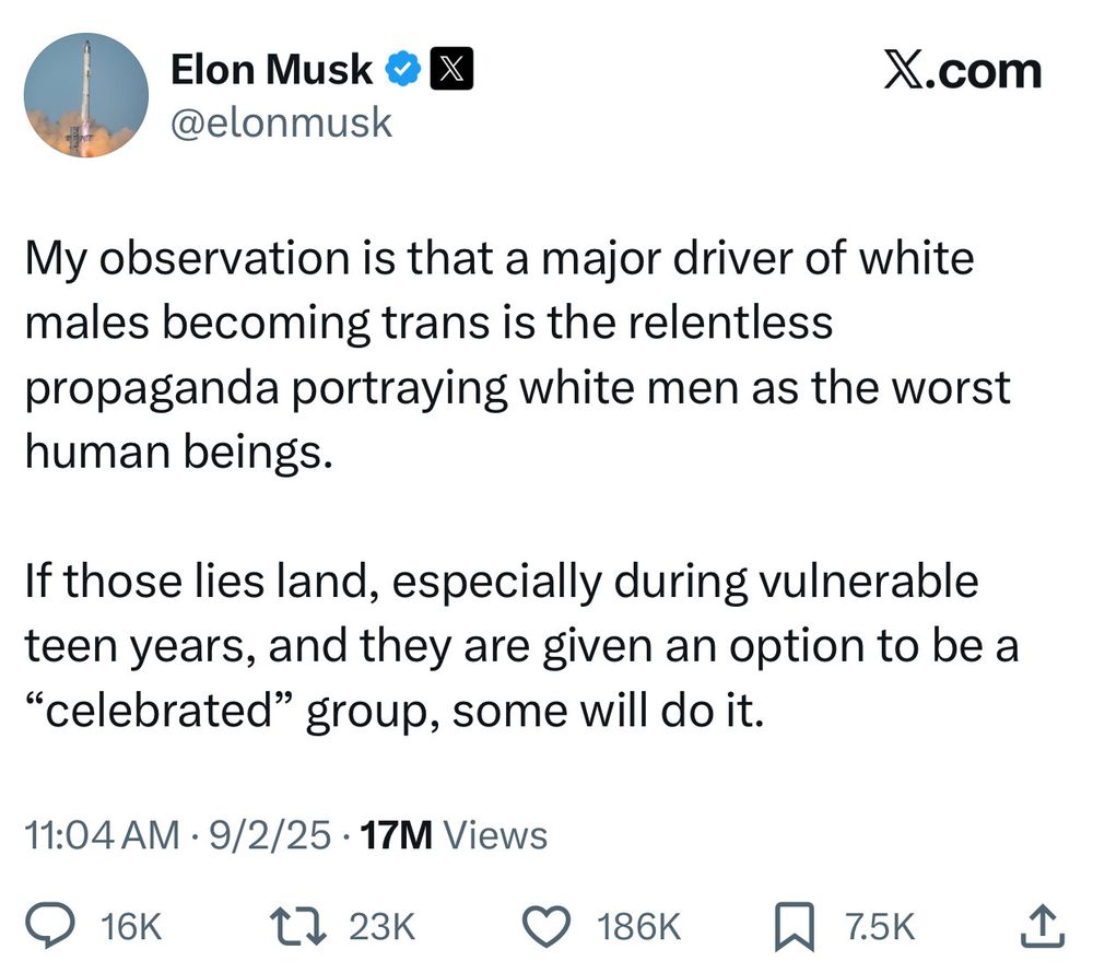 Elon Musk claiming white people are become trans because white people aren't celebrated enough