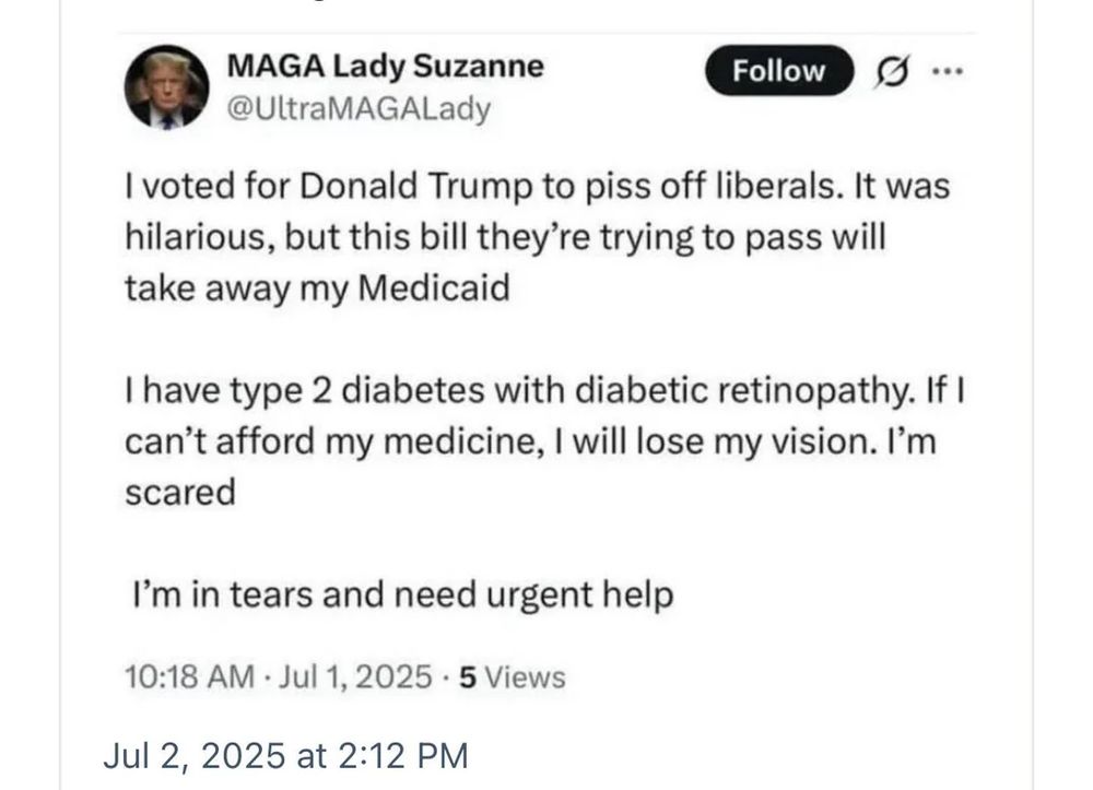 tweet about a Trump voter who will lose their Medicaid with OBBB