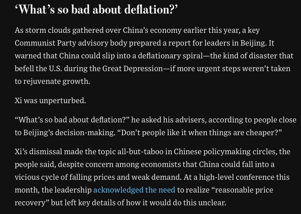 Quote from the WSJ story where Xi Jinping asks “what’s so bad about deflation?”