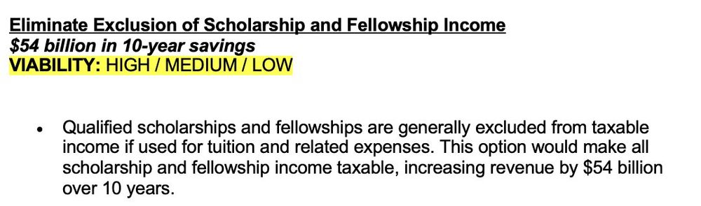 GOP proposing emaking fellowship/scholarship income taxable