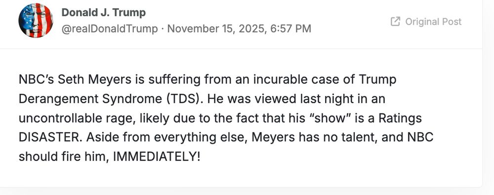 NBC’s Seth Meyers is suffering from an incurable case of Trump Derangement Syndrome (TDS). He was viewed last night in an uncontrollable rage, likely due to the fact that his “show” is a Ratings DISASTER. Aside from everything else, Meyers has no talent, and NBC should fire him, IMMEDIATELY!