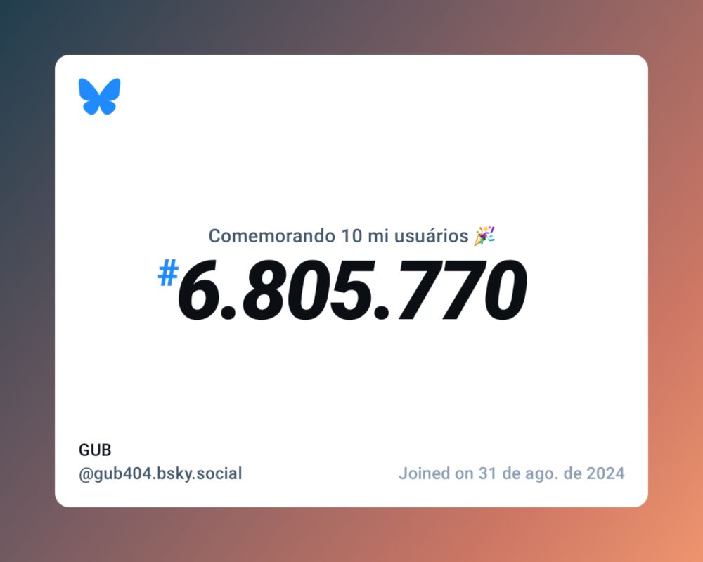 Um certificado virtual com o texto "Comemorando 10 milhões de usuários no Bluesky, #6.805.770, GUB ‪@gub404.bsky.social‬, ingressou em 31 de ago. de 2024"