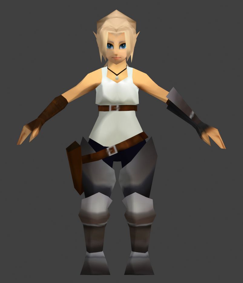 blonde knight girl with a white tank top, belts, and greaves 