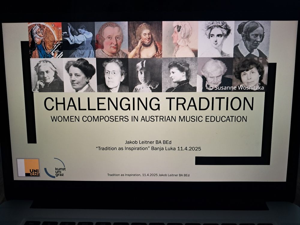 Startfolie einer Präsentation "Challenging Tradition. Women composers in Austrian Music Education". Darauf werden auch Bilder von 13. Komponistinnen gezeigt (Hildegard von Bingen bis Sofia Gubaidulina)
