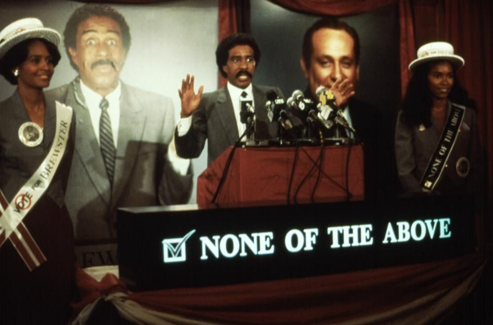 Montgomery Brewster (Richard Pryor) running on the political platform of "None of the above" in "Brewster's Millions" (1985)