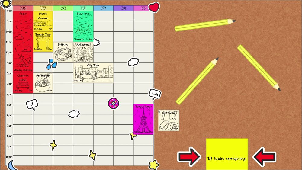 Screenshot of To-Doodle:
A calendar with a few colorful sticky notes already attached, denoting activities such as "Flight" or "Temple Tour". The player is currently assigning "Get Sushi" for a day at noon. There are 19 tasks remaining.