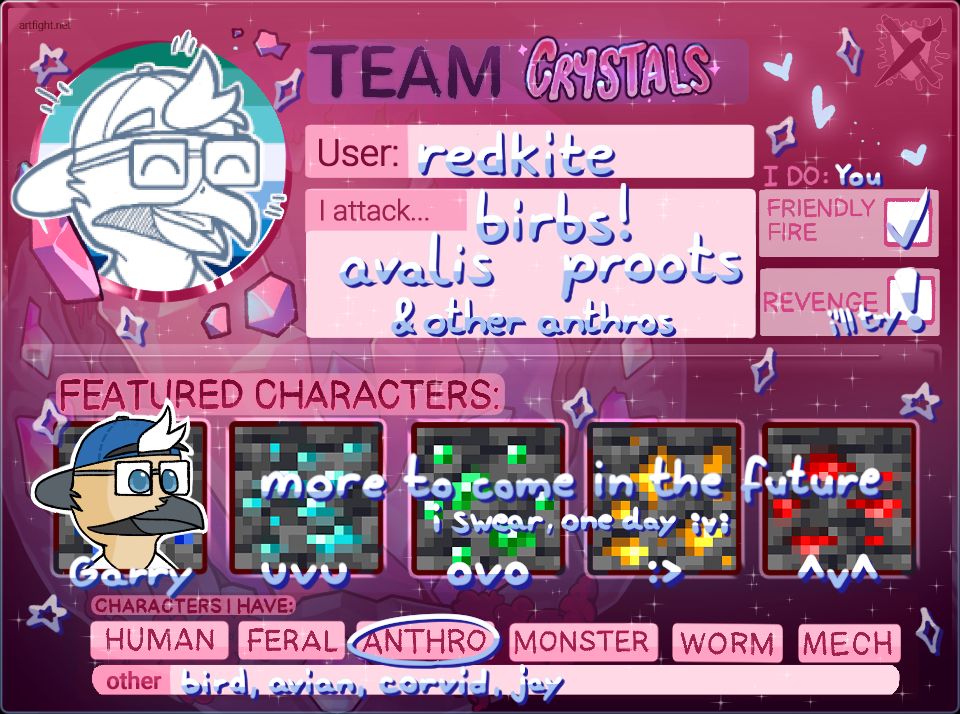 My ArtFight 2025 card for Team Crystals featuring my fursona Garry the Eurasian Jay. I attack birbs, avalis, proots as well as other anthros. I also do friendly fire and I'll try to do revenges.