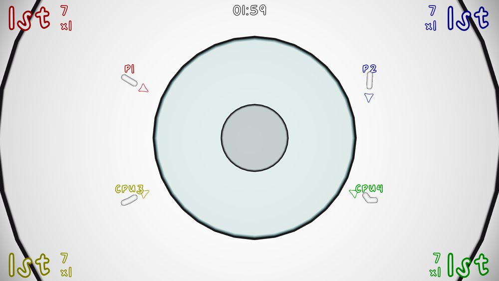 Screenshot of Floaterz Gameplay:
Four floaters can be seen, approaching the center of the eye to earn points. Two of them are human players, the other two are bots.