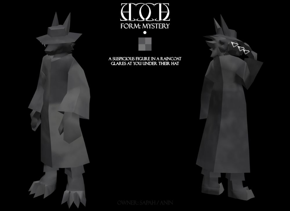 An entity with a grey raincoat and a hat glaring to the viewer