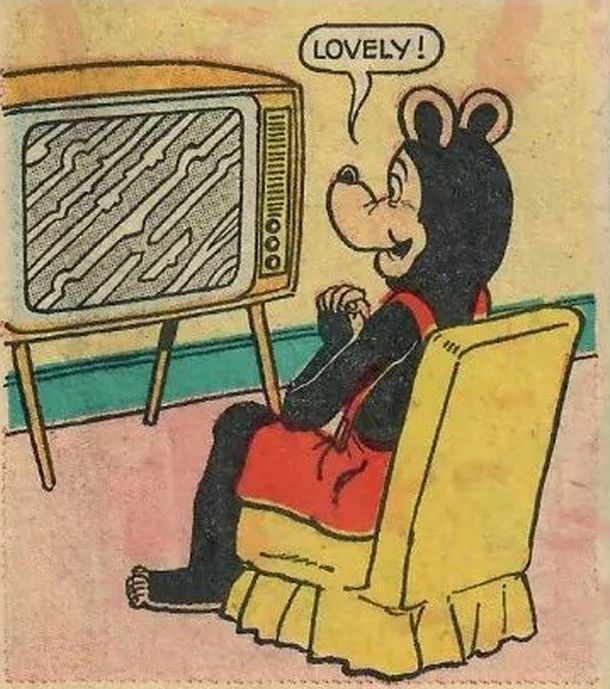 Biffo watches static on his television and really enjoys it.
BIFFO: Lovely!