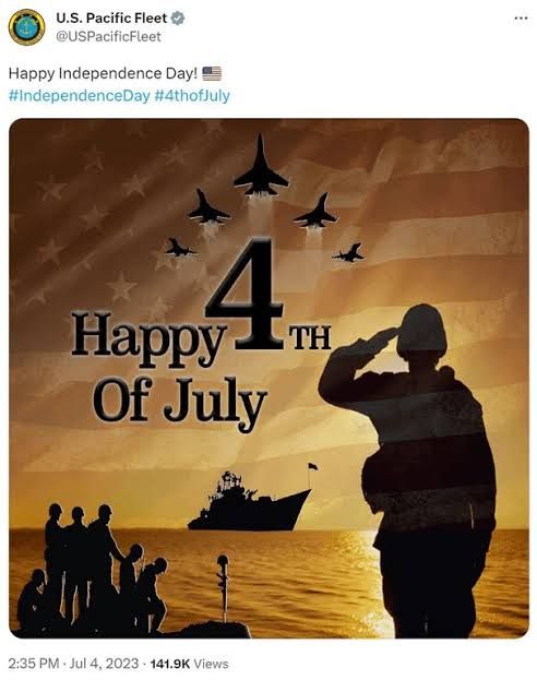 US PacificFleet tweets "Happy Independence Day" with the following poster:
"Happy 4th of July", featuring a "sunrise coloured" US flag as backdrop. A silhouette of a soldier saluting a Kashin-class detroyer and five Su-27 fighter jets.