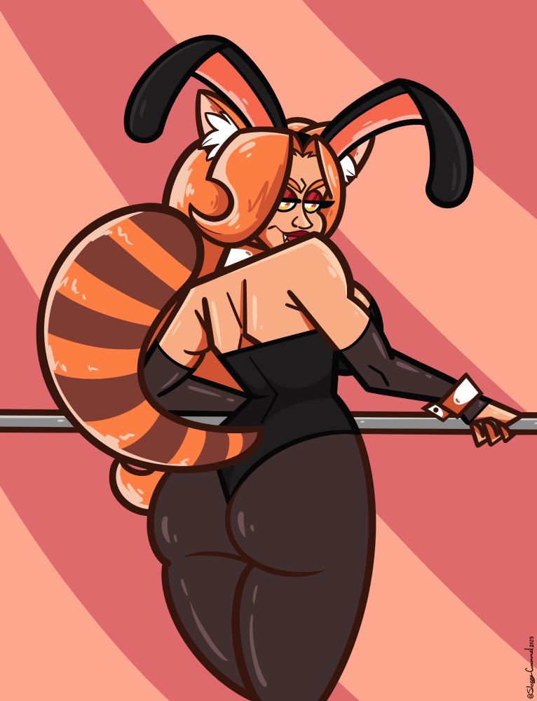 A drawing of English VTuber Pemba in a playboy bunny outfit looking over her shoulder with a mischievous smirk.