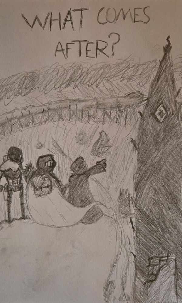Three adventurers stand atop a snowy bluff overlooking the ruins of a town, rising above all looking over everything, the black spire. 