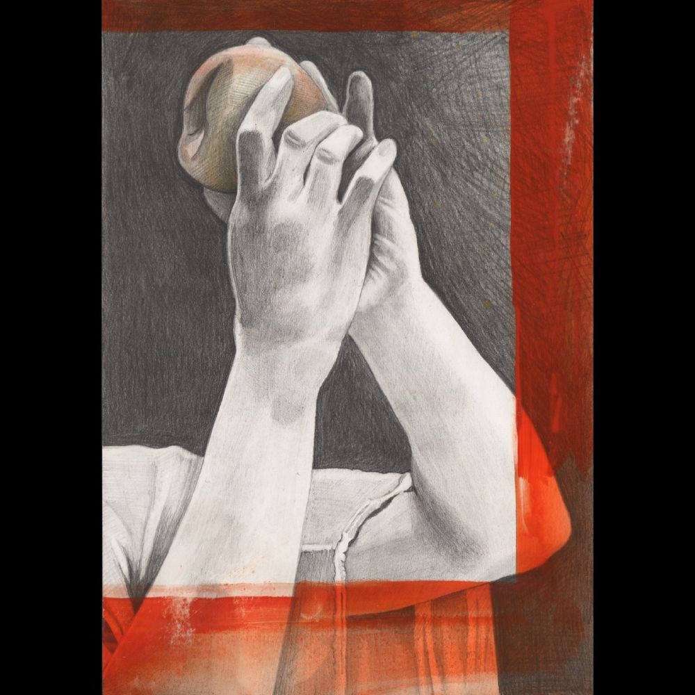 This is a tonal black, grey and white pencil and graphite drawing. There are two feminine arms, holding up an apple, as if to glance up at it. The apple is tinted pale red and yellow. Only the arms that are in profile are visible. Draped clothing hangs from the arms. A bright yet transparent band of red paint frames the bottom and right sides of the image (two sides of a view finder) Brush strokes are visible.
