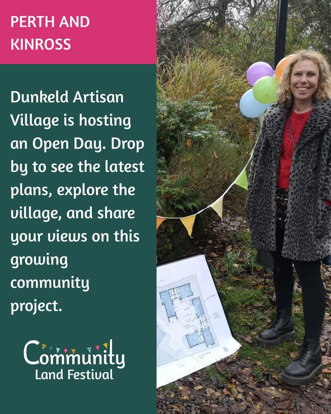 Over in Perthshire, Dunkeld Artisan Village is hosting an Open Day. Drop by to see the latest plans, explore the village, and share your views on this growing community project. Photo of a woman smiling in front of bunting