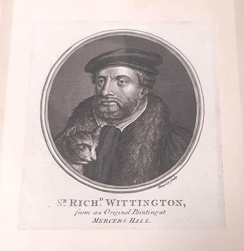 ‘The true portraiture of Richard Whittington’ Unknown publication. Black and white print. Detail of cat facing right. Complete image shows Whittington in his robes and official mayoral chain.