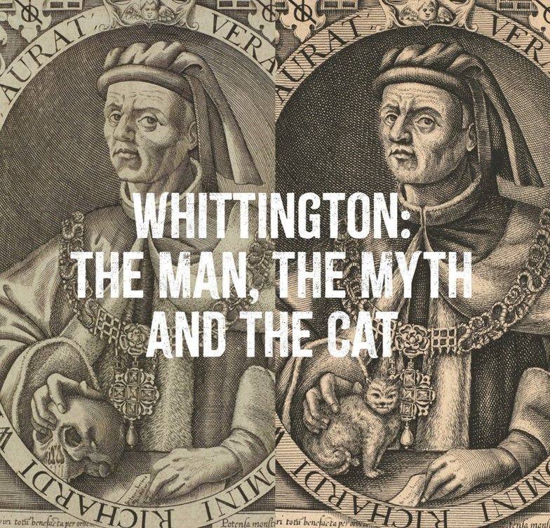 Branding for the exhibition showing a double black and white image of Whittington in his mayoral robes. On the left his hand is on a human skull, on the right his hand is placed on a cat.