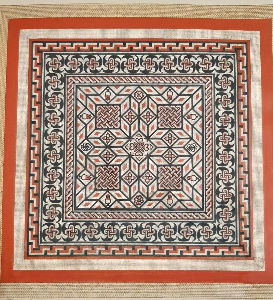 Engraving of a mosaic pavement of the floor of a Roman general's home discovered in Lincolnshire. A red border and intricate patterns of red, white and blue squares inside.