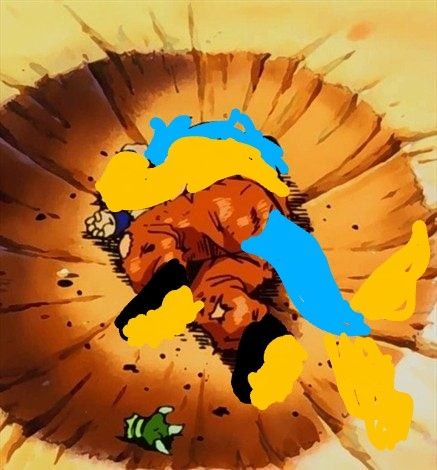 Rainy's features poorly drawn over yamcha's death pose from dragon Ball z