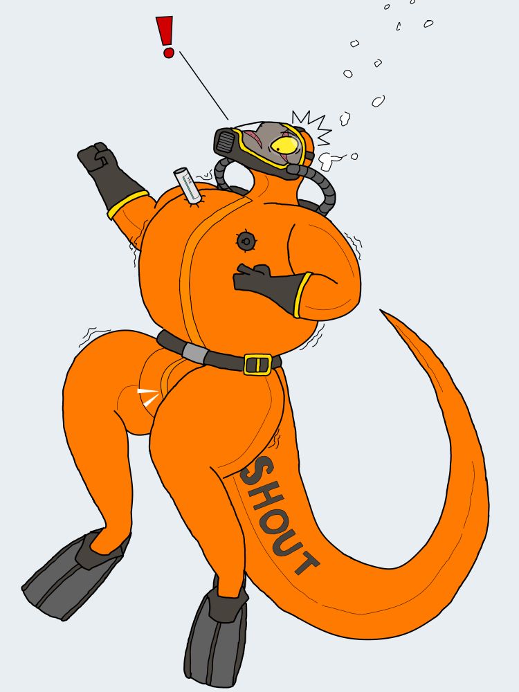 my Komodo dragon OC, Trinidad, wearing bright orange diving gear, looking surprised and alarmed at the inflation dart stuck into the chest of his diving suit, which is causing it to begin swelling with air