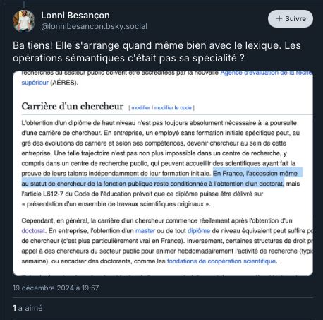  Lonni Besançon ‪@lonnibesancon.bsky.social‬ Suivre Ba tiens! Elle s'arrange quand même bien avec le lexique. Les opérations sémantiques c'était pas sa spécialité ? 19 décembre 2024 à 19:57 1 a aimé Affiche la page wikipedia 