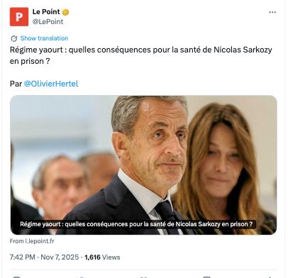 Le Point
@LePoint
Régime yaourt : quelles conséquences pour la santé de Nicolas Sarkozy en prison ?

Par 
@OlivierHertel
