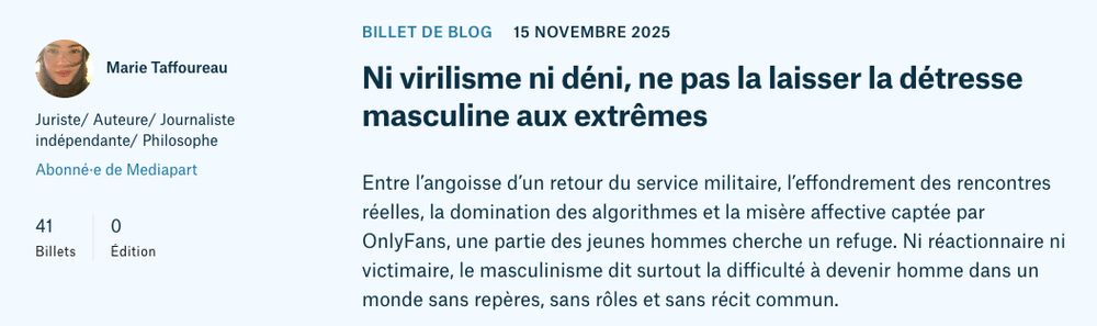 Entre l’angoisse d’un retour du service militaire, l’effondrement des rencontres réelles, la domination des algorithmes et la misère affective captée par OnlyFans, une partie des jeunes hommes cherche un refuge. Ni réactionnaire ni victimaire, le masculinisme dit surtout la difficulté à devenir homme dans un monde sans repères, sans rôles et sans récit commun.