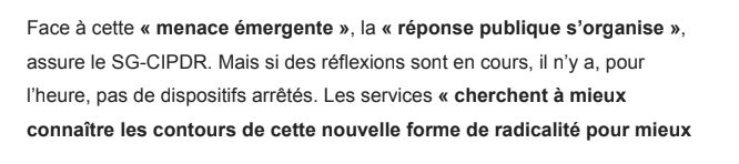 Face à cette « menace émergente », la « réponse publique s’organise »,
assure le SG-CIPDR. Mais si des réflexions sont en cours, il n’y a, pour
l’heure, pas de dispositifs arrêtés. Les services « cherchent à mieux
connaître les contours de cette nouvelle forme de radicalité pour mieux
