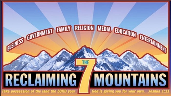 Visuel diffusé par la NAR (new apostolic reformation) qui montre les 7 montagnes des affaires, le gouvernement, la famille, la religion les médias l'éducation et le divertissement. 