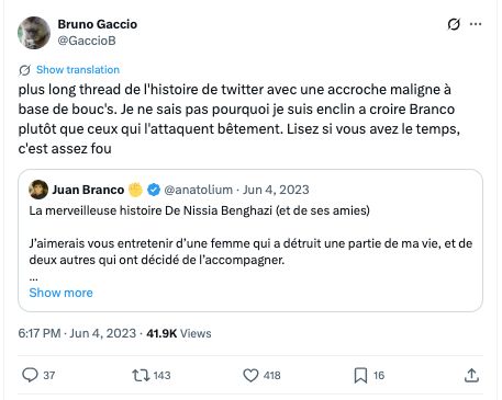
Bruno Gaccio
@GaccioB
plus long thread de l'histoire de twitter avec une accroche maligne à base de bouc's. Je ne sais pas pourquoi je suis enclin a croire Branco plutôt que ceux qui l'attaquent bêtement. Lisez si vous avez le temps, c'est assez fou