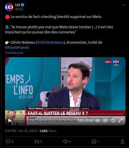 Captude d'écran d'un tweet LCI : 🔴 Le service de fact-checking bientôt supprimé sur Meta

🗣️ "Je trouve plutôt pas mal que Meta laisse tomber (...) Il est très important qu'on puisse dire des conneries."

👉 Olivier Babeau (
@OlivierBabeau
), économiste, invité de 
@PaolaPuerari