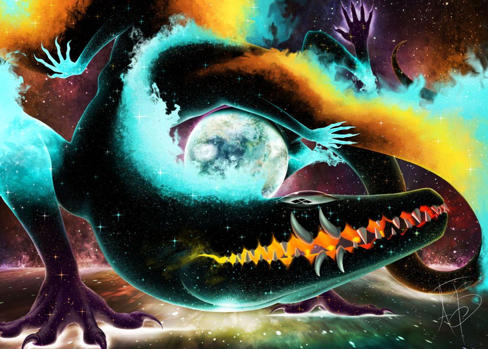 A black, vaguely reptilian creature made of stardust and fire, with one eye. It protectively surrounds an earthlike planet.