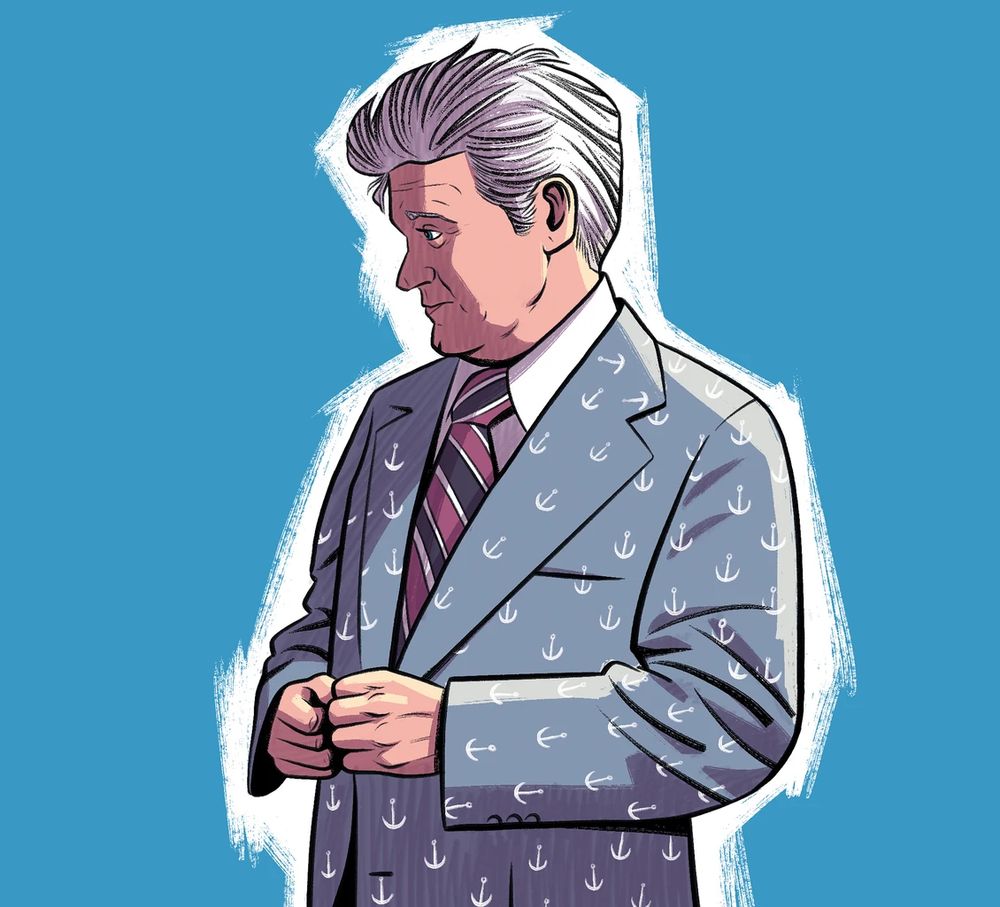 Illustration of Mayor Larry Vaughn from Jaws. He’s wearing a suit with a repeated anchor motif. The illustration is drawn in mid-century style.