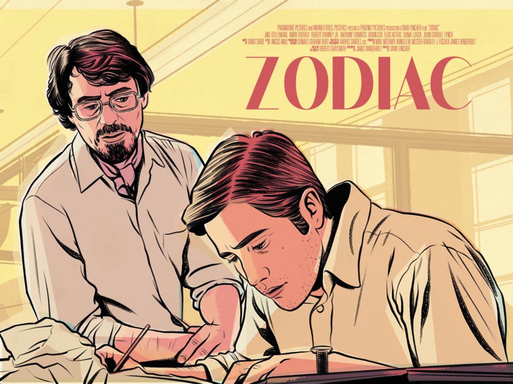 An illustration of Robert Downey Jr and Jake Gyllenhaal in the film Zodiac. Faded yellow and brown colours, and the vintage font give it a 1970s look - in keeping with the film.