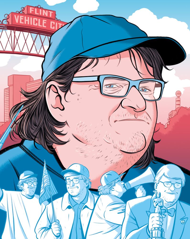 An illustrated image of Michael Moore - now and then - for a profile piece in Current Affairs magazine. Colours are a mix of reds and blues to evoke the American flag. 