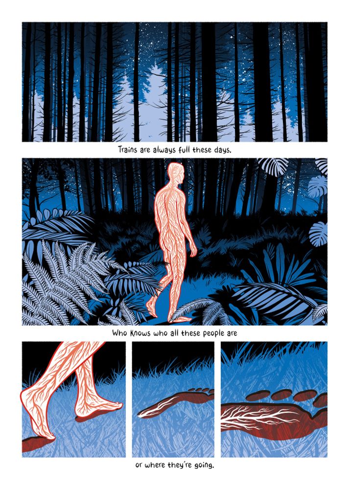 A page from poetry comic The First of Many by me and Chrissy Williams. The page was risoprinted in red, blue and black and uses overprint blends of those colours. A figure composed of coral-like nerve endings walks through a forest at night, leaving behind red footprints in the grass which in turn spread coral-like nerve patterns.