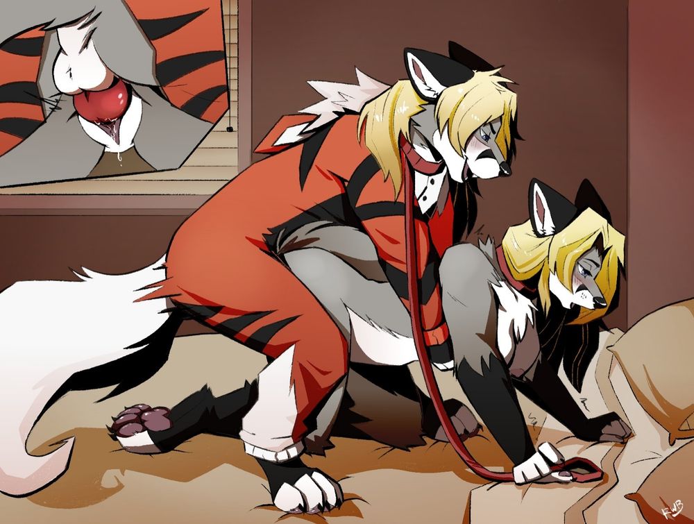 Folf twins having sex doggy style on a bed. Anthrax is on top wearing an Arcanine kigurumi and red collar while Chris is holding a leash attached to his collar.