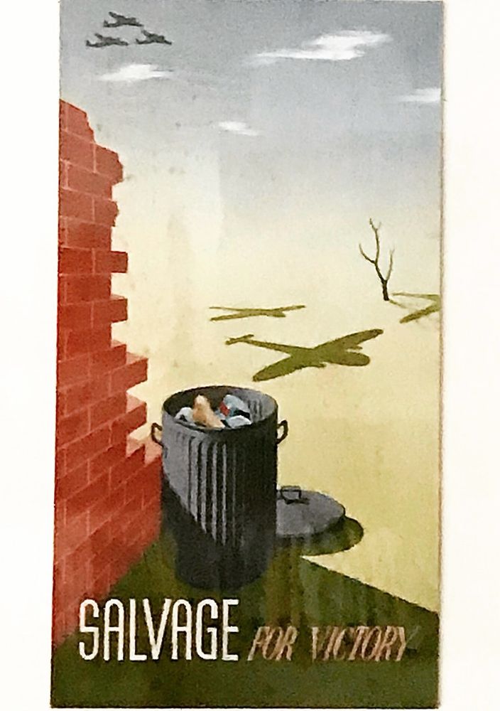 Painting of WW2 planes flying above a devastated landscape but with a dustbin full of recycling