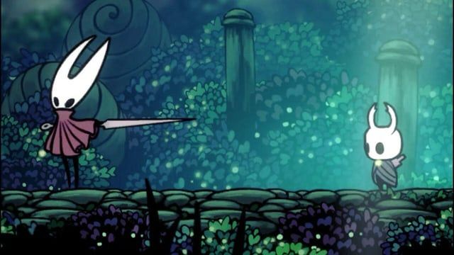 The first encounter of the characters Knight and Hornet from the game Hollow Knight