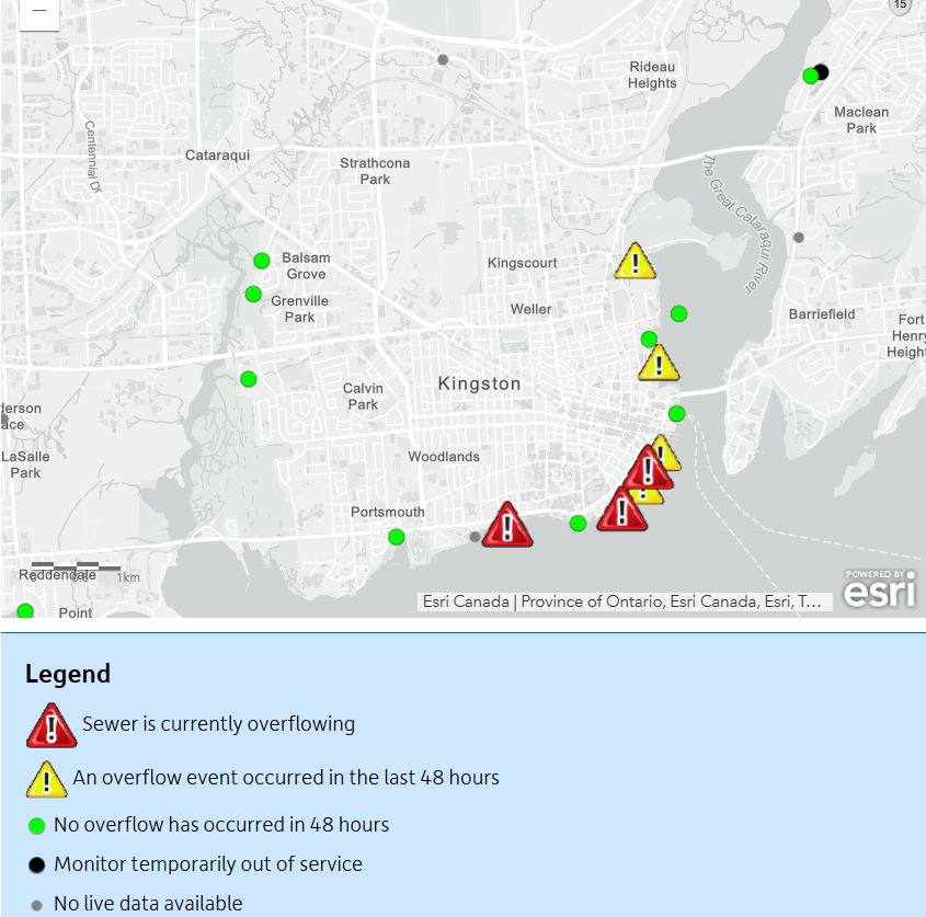 Realtime map of Kingston waterfront from Utilities Kingston.
Warning: contact with polluted water can make people and pets sick.
Consider this information for at least 48 hours after a sewer overflow has occurred at a specific location. Check the map for status updates. The legend on the map explains the symbols to look for and what they mean to water users.