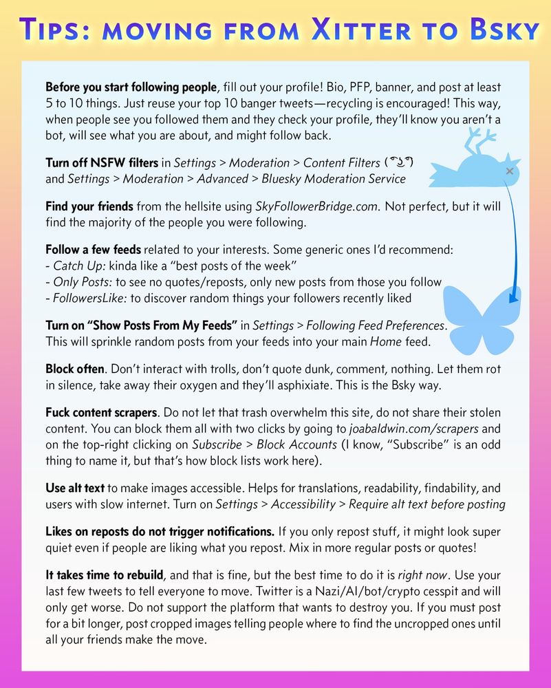 list of tips for people moving from twitter to bluesky.