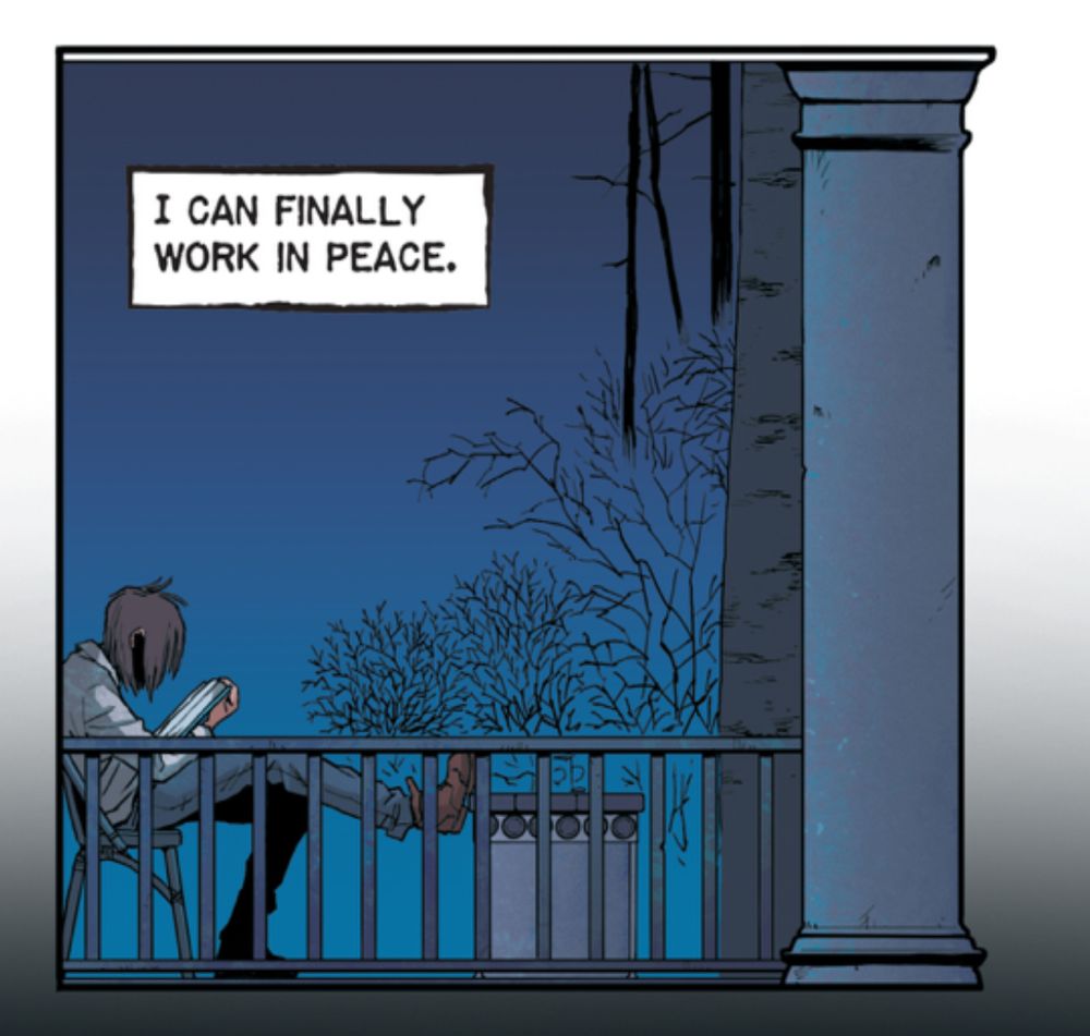 A haggard man sits on the porch of an old craftsman cottage reading a book of horrors 