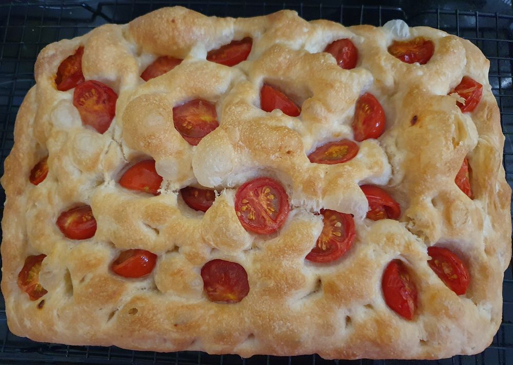 Bubbly, golden brown foccacia with half cherry tomatoes pushed in and baked.