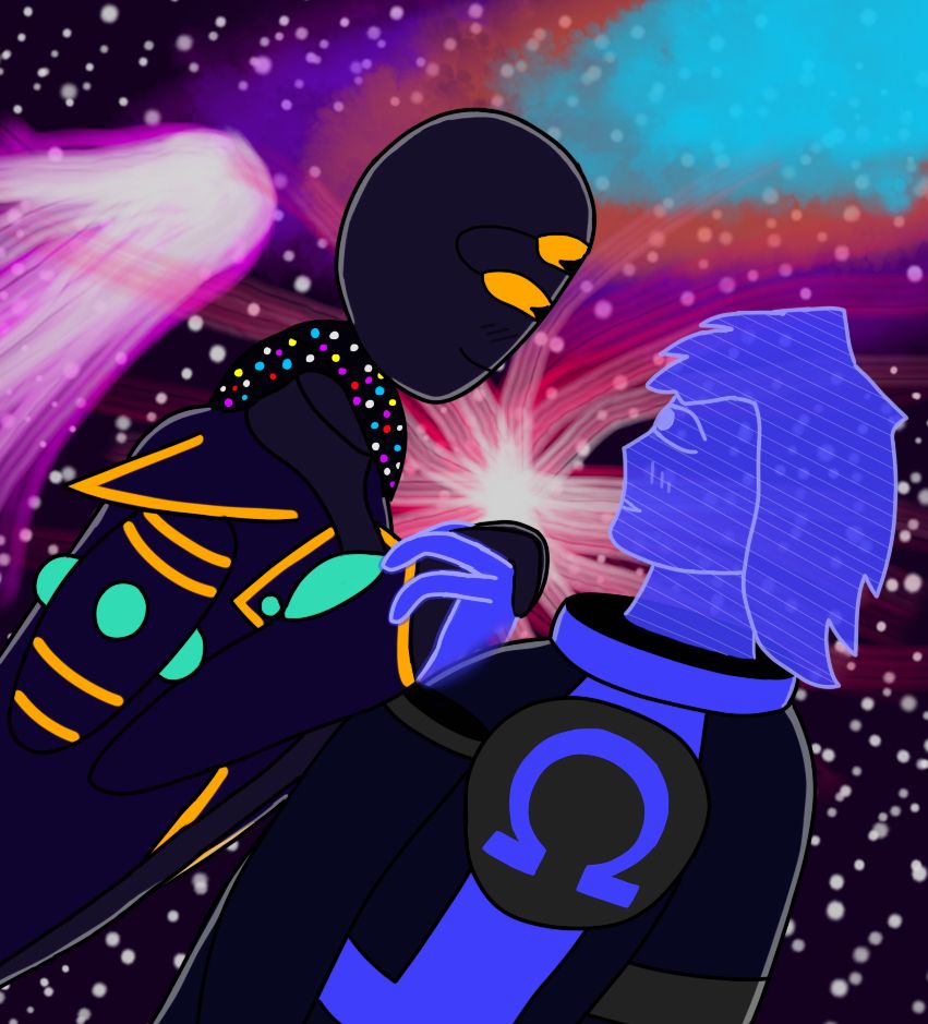 Two of my ocs, Charles and Stellar holding hands as they float through space.